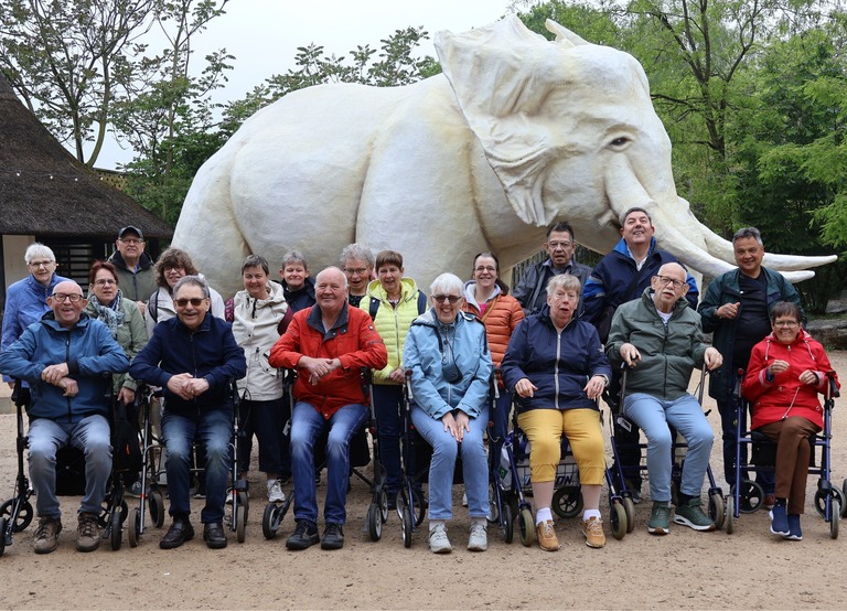Buitenhof Reizen - Begeleide groepsreizen voor mensen met een verstandelijke beperking - Oisterwijk - groepsfoto bij olifant